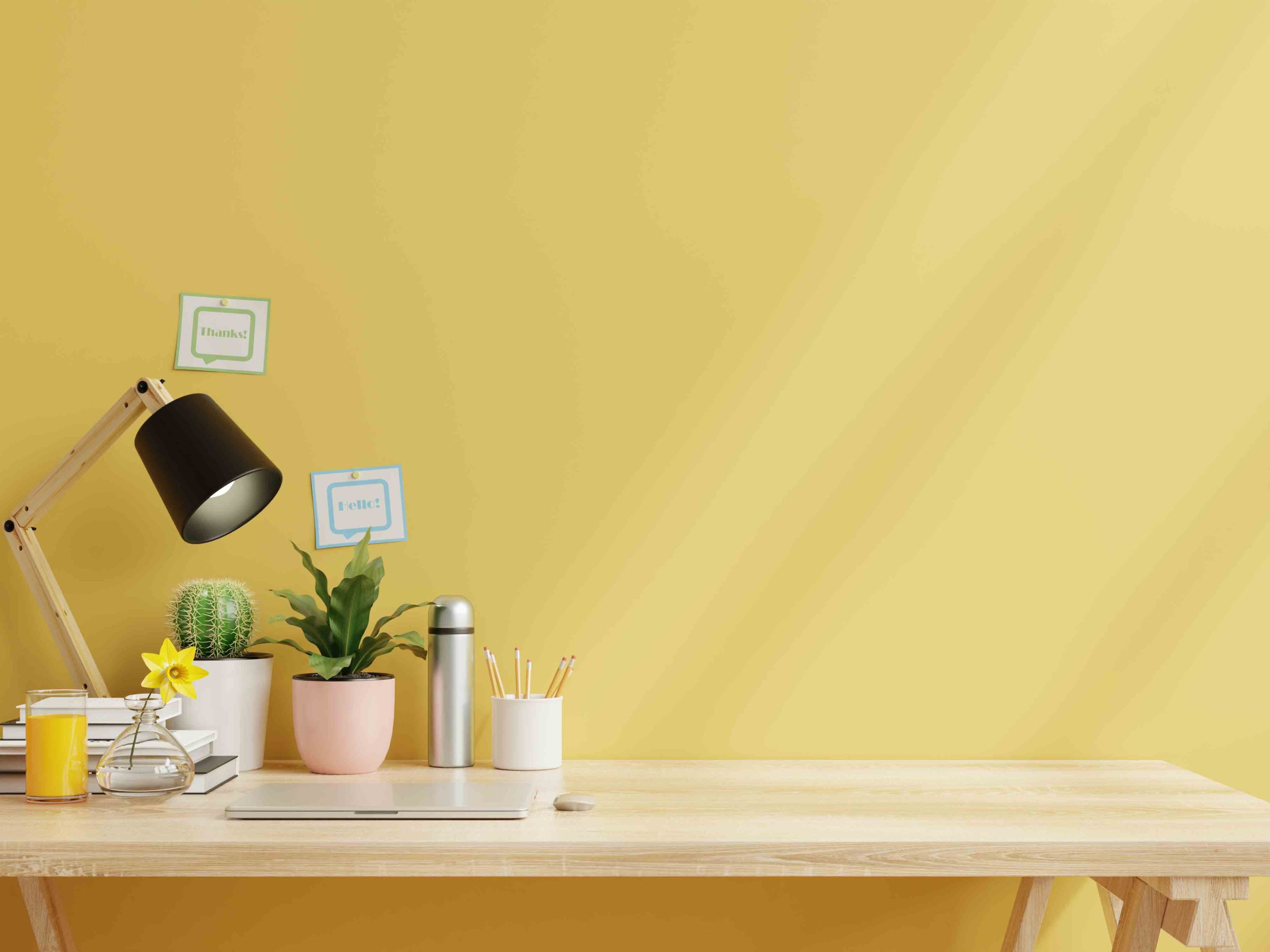 working room with laptop working equipment yellow wall 3d rendering scaled