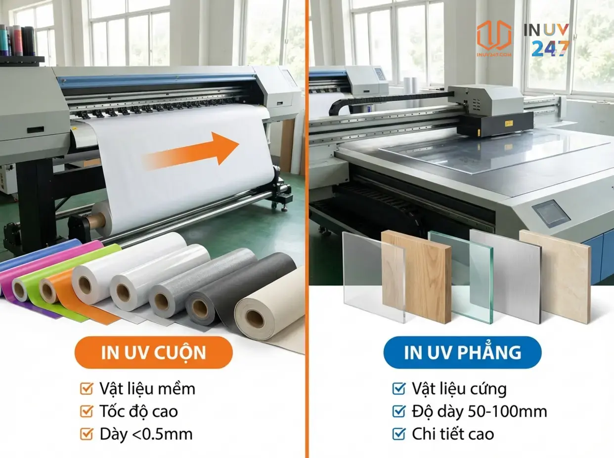 In UV cuộn và in UV phẳng khác nhau về chất liệu thế nào? - INUV247