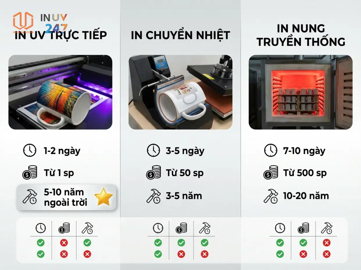 In UV trên gốm sứ: Quy trình 5 bước & mẹo bền màu 3 Bảng so sánh công nghệ in trên gốm sứ - INUV247