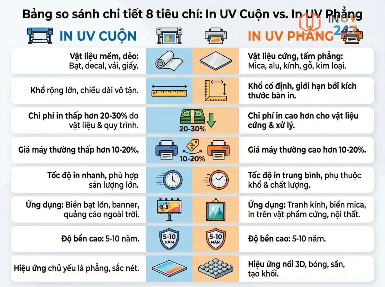 Bảng so sánh in UV cuộn và in UV phẳng - INUV247