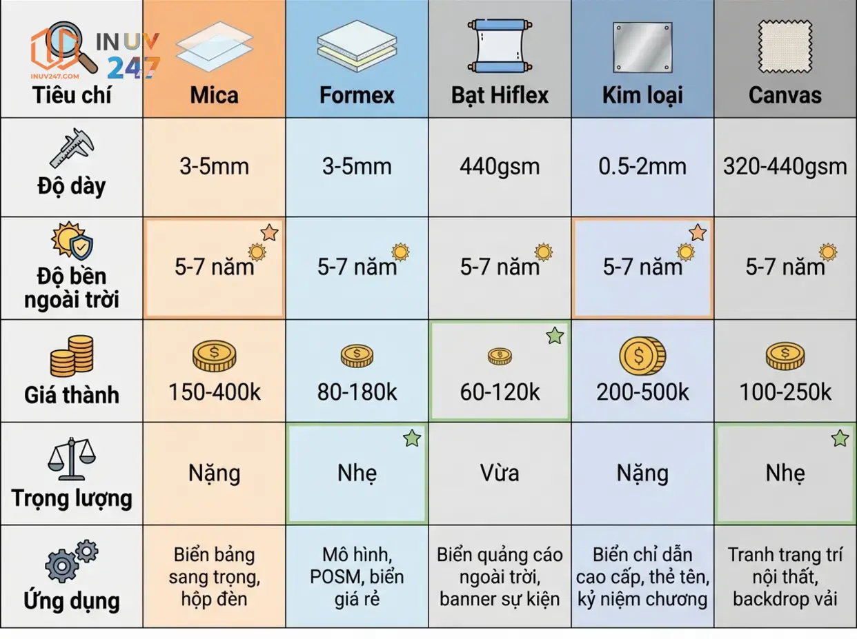50 chất liệu in UV phổ biến nhất: Danh sách A-Z đầy đủ 4 Bảng so sánh 5 chất liệu in UV phổ biến - INUV247