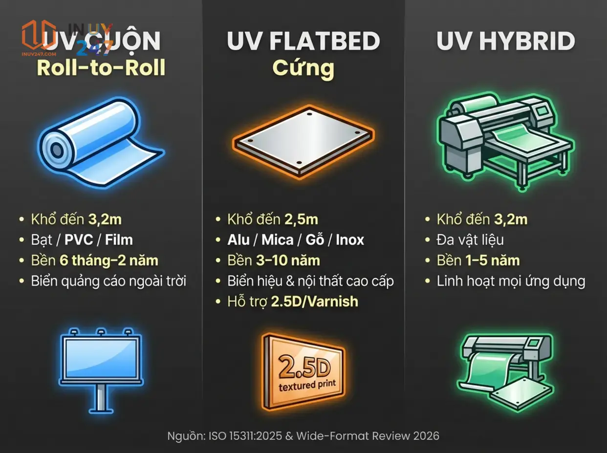 So sánh công nghệ in UV khổ lớn theo loại máy và ứng dụng (2026) - INUV247