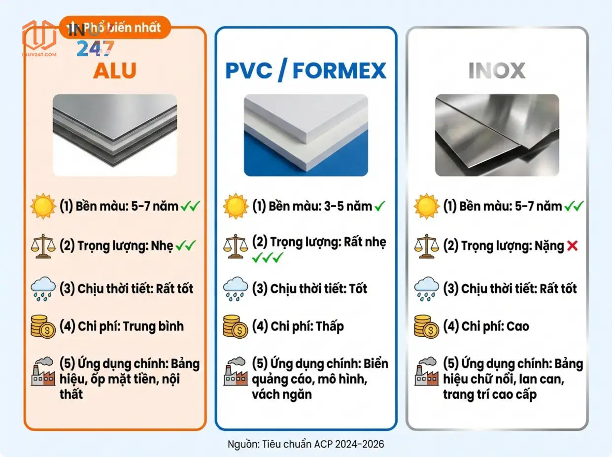 In UV trên Alu: Kỹ thuật, ứng dụng & lưu ý khi in 3 So sánh in UV trên Alu với các vật liệu phổ biến - INUV247