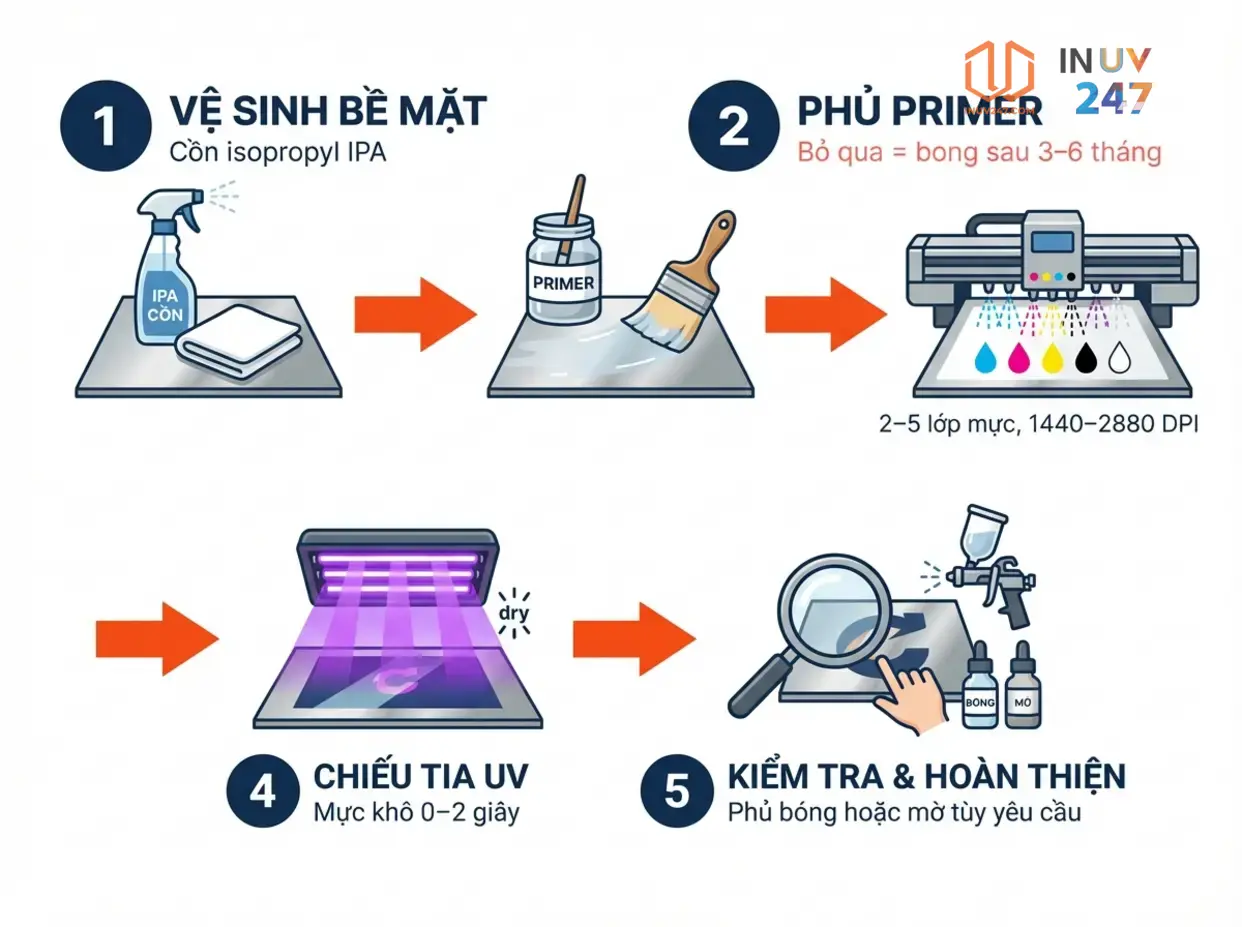 In UV trên Inox: Kỹ thuật, ứng dụng & báo giá 2026 3 Quy trình in UV trên inox gồm mấy bước? - INUV247