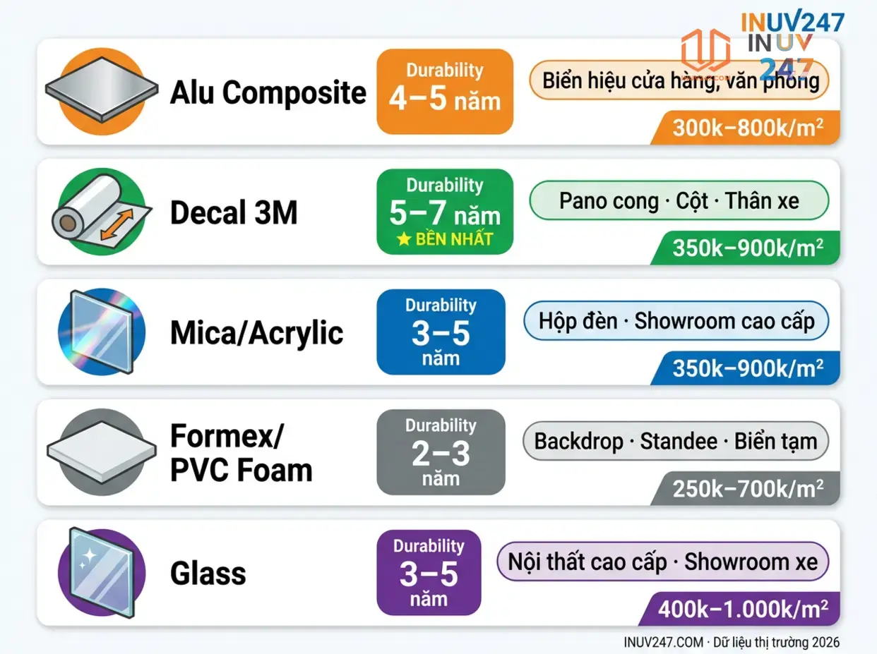 Bảng so sánh chất liệu in UV pano quảng cáo 2026 / In UV pano phù hợp với chất liệu nào? - INUV247