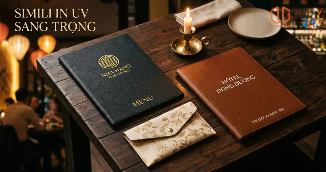 In UV trên simili: Bọc menu, folder, túi xách cao cấp sang trọng
